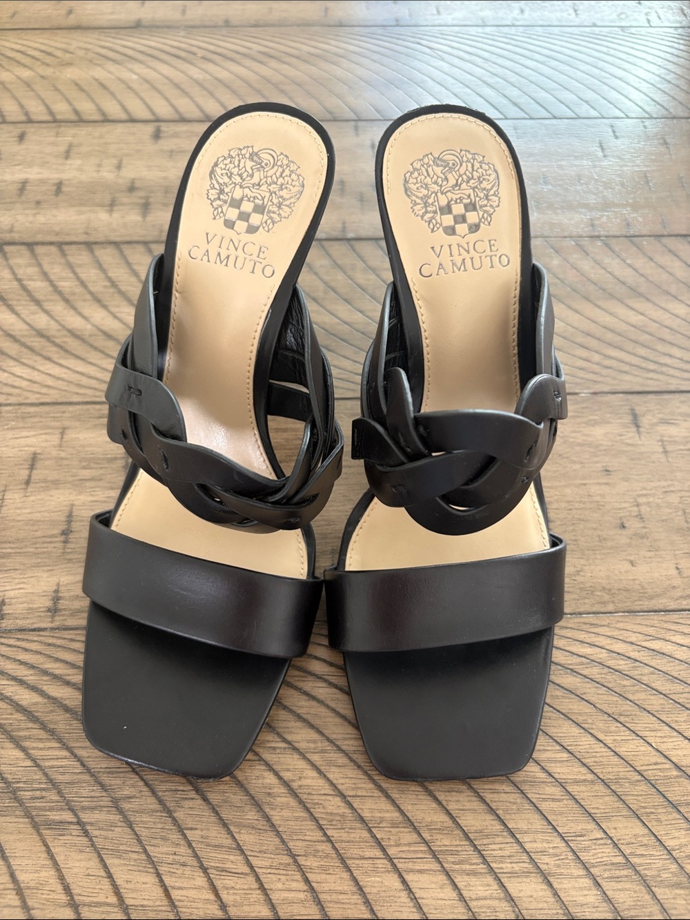 Vince Camuto Black Leather Knot-Detail Slide Heels